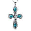 wholesale 925 Sterling Silver Natural Turquoise Stone Cross Pendant Necklace for Women-0-0