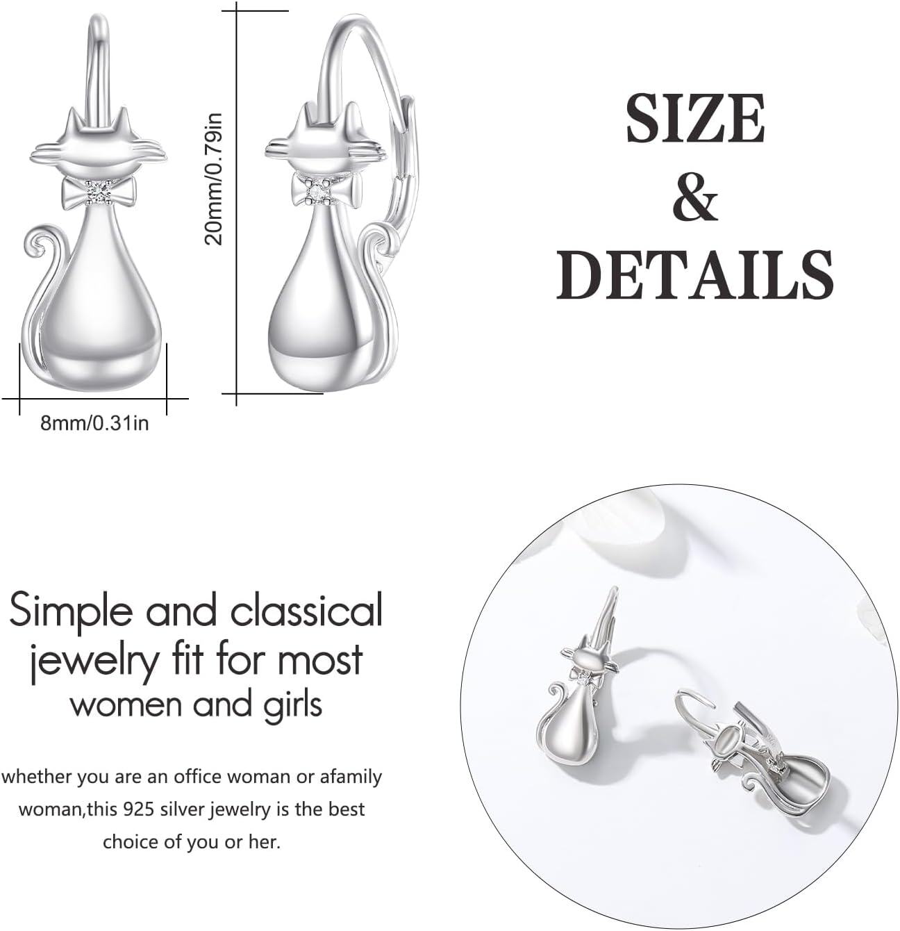 925 Sterling Silver Cat Shape Hypoallergenic Leverback Dangle Earrings with Bow Tie Accents for Women-0-3