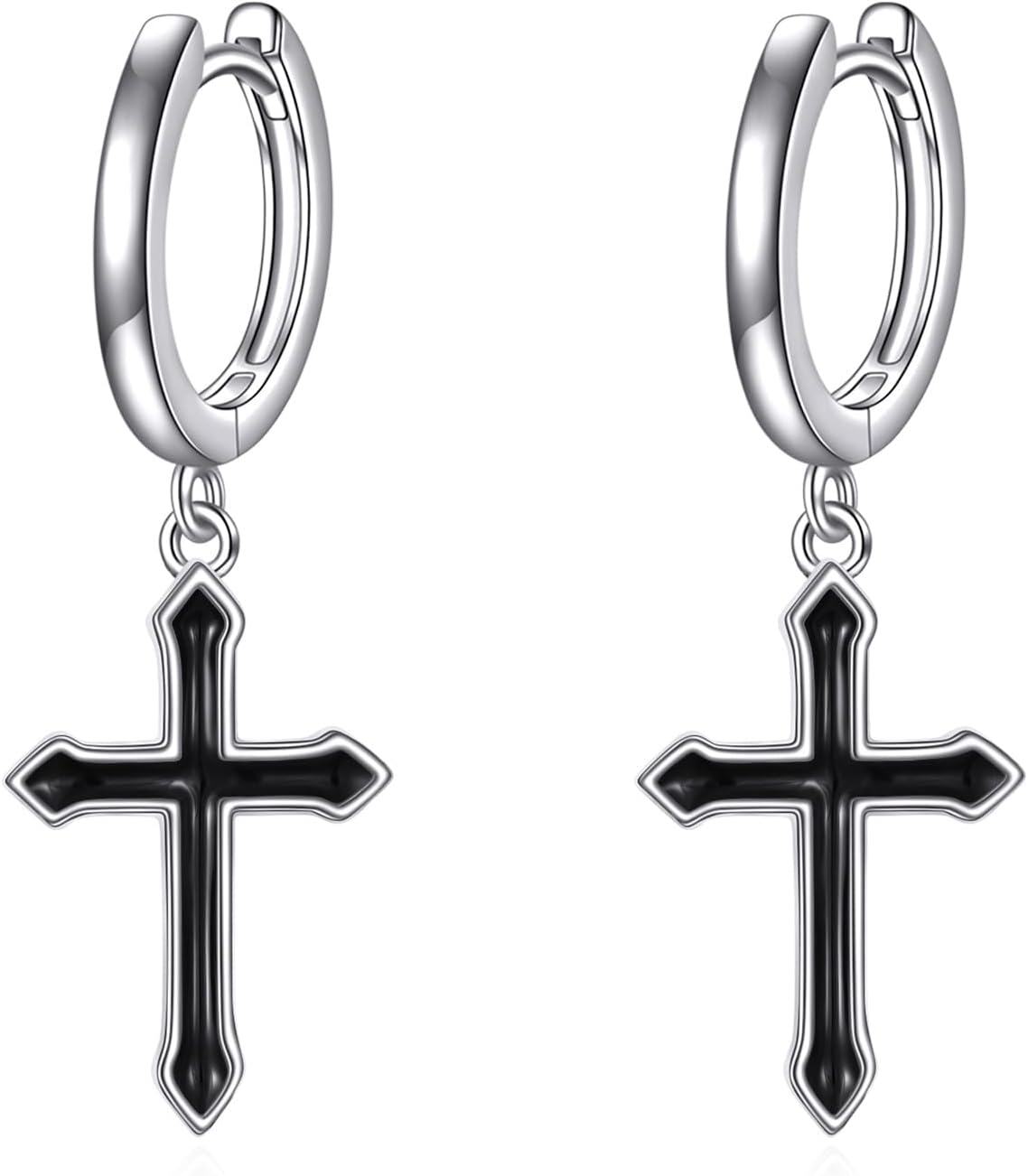 Sterling Silver Dangle Drop Cross Hoop Huggie Earrings Jewelry Gifts for Women-Gothic Cross