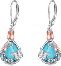 wholesale 925 Sterling Silver Butterfly & Flower Drop Earrings w/ Turquoise Gemstones-03-Turquoise Butterfly Earrings