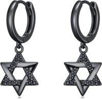 wholesale 925 Sterling Silver Star of David Drop Earrings with Black Rhodium Plating and Blue Stones-Star of David