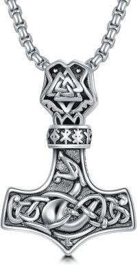 wholesale Sterling Silver Viking Necklace w Wolf Thor s Hammer Vegvisir Tree of Life Compass Pendant-B-Thors Hammer Necklace B
