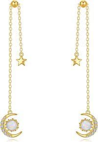 wholesale 14K Gold Moon & Star Opal Threader Drop Earrings with Long Chains for Women-Opal Moon Star