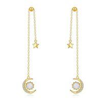 wholesale 14K Gold Moon & Star Opal Threader Drop Earrings with Long Chains for Women-Opal Moon Star