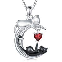wholesale 925 Sterling Silver Onyx Cat Moon Pendant Necklace Women s Jewelry Gift-January - Garnet