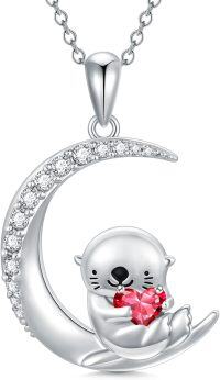 wholesale Sterling Silver Animal Birthstone Necklace Otter Axolotl Hippo Pendant Jewelry Gift for Women-07-July-Otter