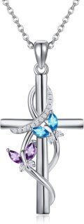 wholesale 925 Sterling Silver Floral Cross Pendant Necklace with Blue and Purple Stones for Women's-0-0