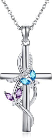wholesale 925 Sterling Silver Floral Cross Pendant Necklace with Blue and Purple Stones for Women's-Butterfly
