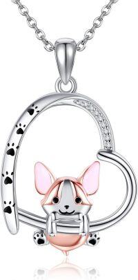 wholesale 925 Sterling Silver Pink and White Cat Pendant with Heart-Shaped Frame Necklace for Women-Corgi