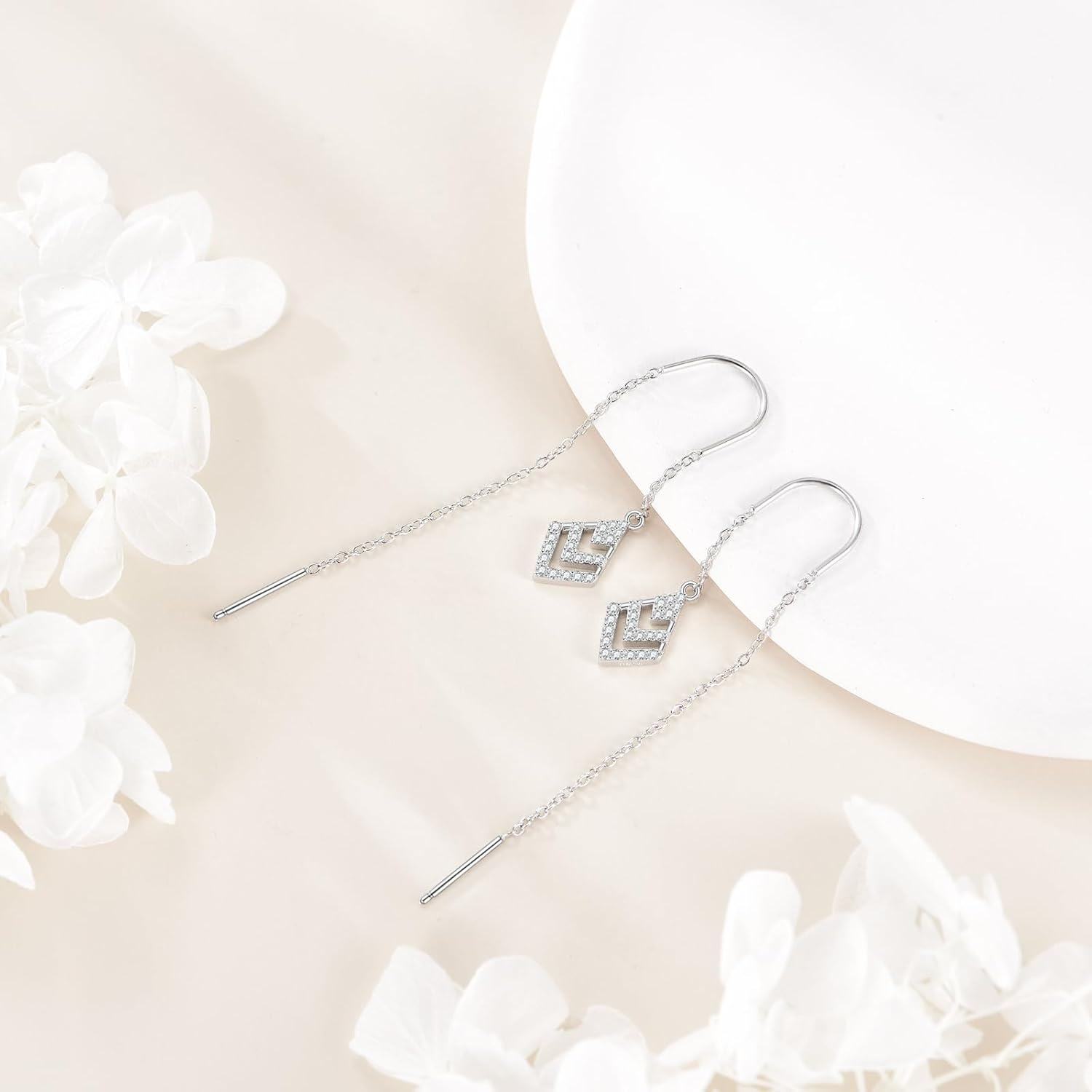925 Sterling Silver Geometric Cubic Zirconia Shape Threader Dangle Drop Earrings with Cubic Zirconia Stones for Women-0-4