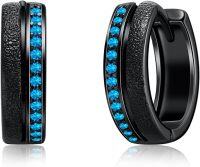 wholesale Sterling Silver 12 Month Birthstone Hoop Earrings for Men Gift for Father Husband-Black Hoops001-12-Dec Blue Topaz