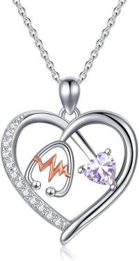 wholesale Sterling Silver Gemstone Heart Stethoscope Pendant Necklace for Women-A6:June-light Amethyst