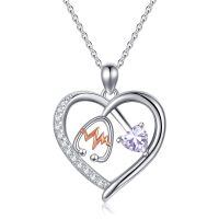 wholesale 925 Sterling Silver Gemstone Heart Stethoscope Pendant Necklace for Women-A6:June-light Amethyst