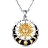 wholesale 925 Sterling Silver Moonstone Sun & Crescent Moon Pendant Necklace with Metatron's Cube Design-Sun and Moon