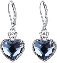 wholesale Sterling Silver White Pink Red Crystal Love Heart Birthstone Dangle Leverback Earrings for Women-blue