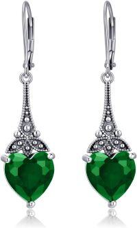 wholesale 925 Sterling Silver 10mm Heart Crystal Leverback Vintage Drop Dangle Earrings-Emerald Green