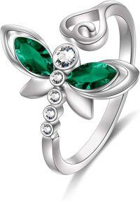 wholesale 925 Sterling Silver Austrian Crystals Dragonfly Adjustable Open Ring Fine Jewelry Gifts-01 Dragonfly -Green