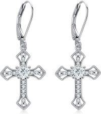 wholesale 925 Sterling Silver Cross CZ Leverback Drop Earrings-cross B