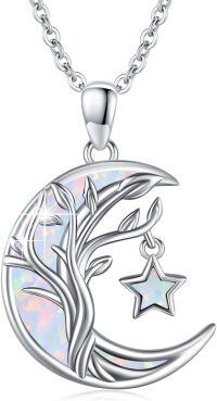 wholesale 925 Sterling Silver White Fire Opal Crescent Moon & Star Celtic Tree of Life Pendant Necklace for Women Sisters -C-Opal