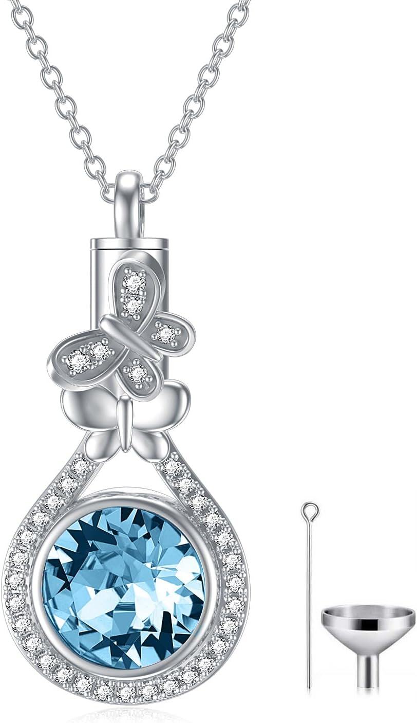 Sterling Silver Austrian Crystal Butterfly Urn Necklace for Ashes-03-Mar. Aqua