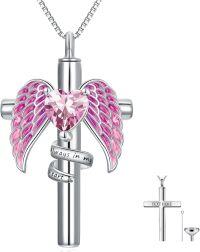 wholesale Sterling Silver Birthstone Angel Wing Cross Rose Heart Cremation Urn Necklace for Women with Funnel Kit ( chars)-Cross Non-personalized 10-Oct-Tourmaline-Cross Personalized 10-Oct-Tourmaline