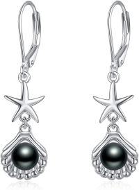 wholesale Sterling Silver Pearl Seashell Starfish Drop Dangle Earrings-Black