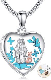 wholesale 925 Sterling Silver Heart Locket Necklace with Mermaid and Turquoise Photo  for Women-cat