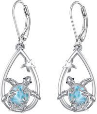 wholesale 925 Sterling Silver Teardrop Shape Larimar Stone Sea Turtle & Starfish Design Leverback Earrings Gift for Her-Turtle Earrings