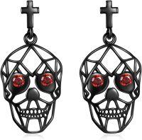 wholesale 925 Sterling Silver Skull Cross Red Stone Gothic Punk Stud Earrings-Skull