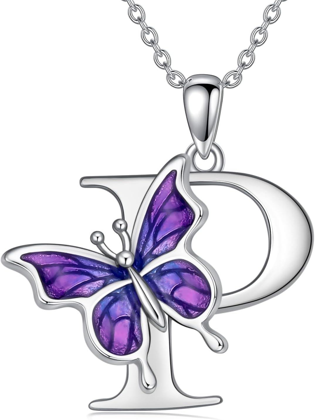 wholesale 925 Sterling Silver Purple Butterfly A Z 26 Letters Pendant Necklace-0-0