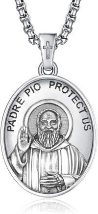 wholesale 925 Sterling Silver Padre Pio Protect Us Pendant Necklace  w/ Cross & 24 Chain-A34-Padre Pio