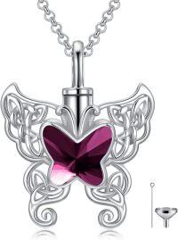 wholesale 925 Sterling Silver Butterfly Heart Purple Crystal Keepsake Pendant Urn Necklace w/Filler Kit-Celtic-Purple Butterfly Heart