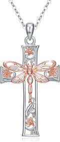 wholesale 925 Sterling Silver Rose Gold Plated Cross Dragonfly Lily Pendant Necklace-0-0