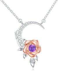 wholesale 925 Sterling Silver Rose and Moon Pendant with Purple Stone Necklaces for Women-02-Rose-Amethyst