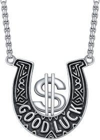 wholesale 925 Sterling Silver Good Luck Horseshoe Pendant Necklaces with Dollar Sign and Lucky Words for Men & Women-Horseshoe Dollar