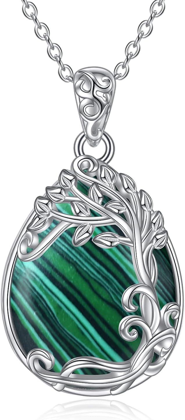 Sterling Silver Moonstone Filigree Teardrop Pendant Necklace for Women-RR-Tree of Life Malachite Necklace