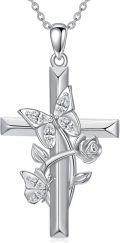 wholesale 925 Sterling Silver Pink Crystal Butterfly & Rose Cross Pendant Necklace Gift for Mom Wife Grandmother-0-6