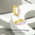 wholesale 925 Sterling Silver Pink Opal Huggie Hoop Earrings with Yellow Gold Tone for Women-0-5