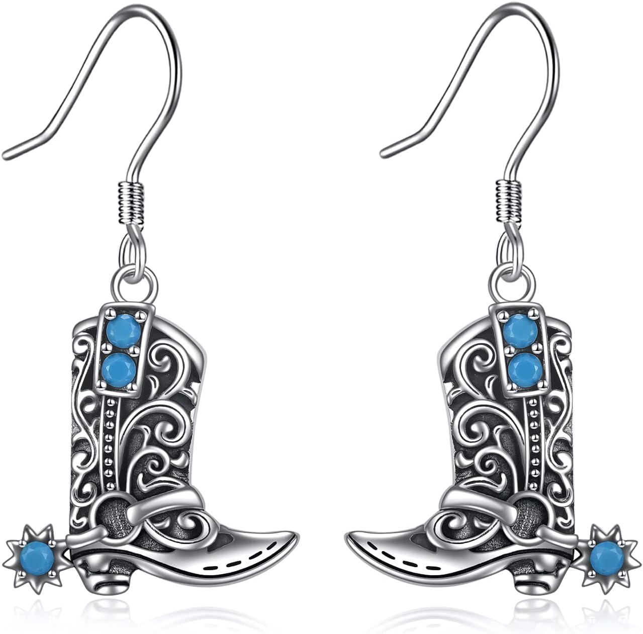 Sterling Silver Stone Western Cowgirl Boots Hat Cow Earrings Boho Dangle Drop-0-1