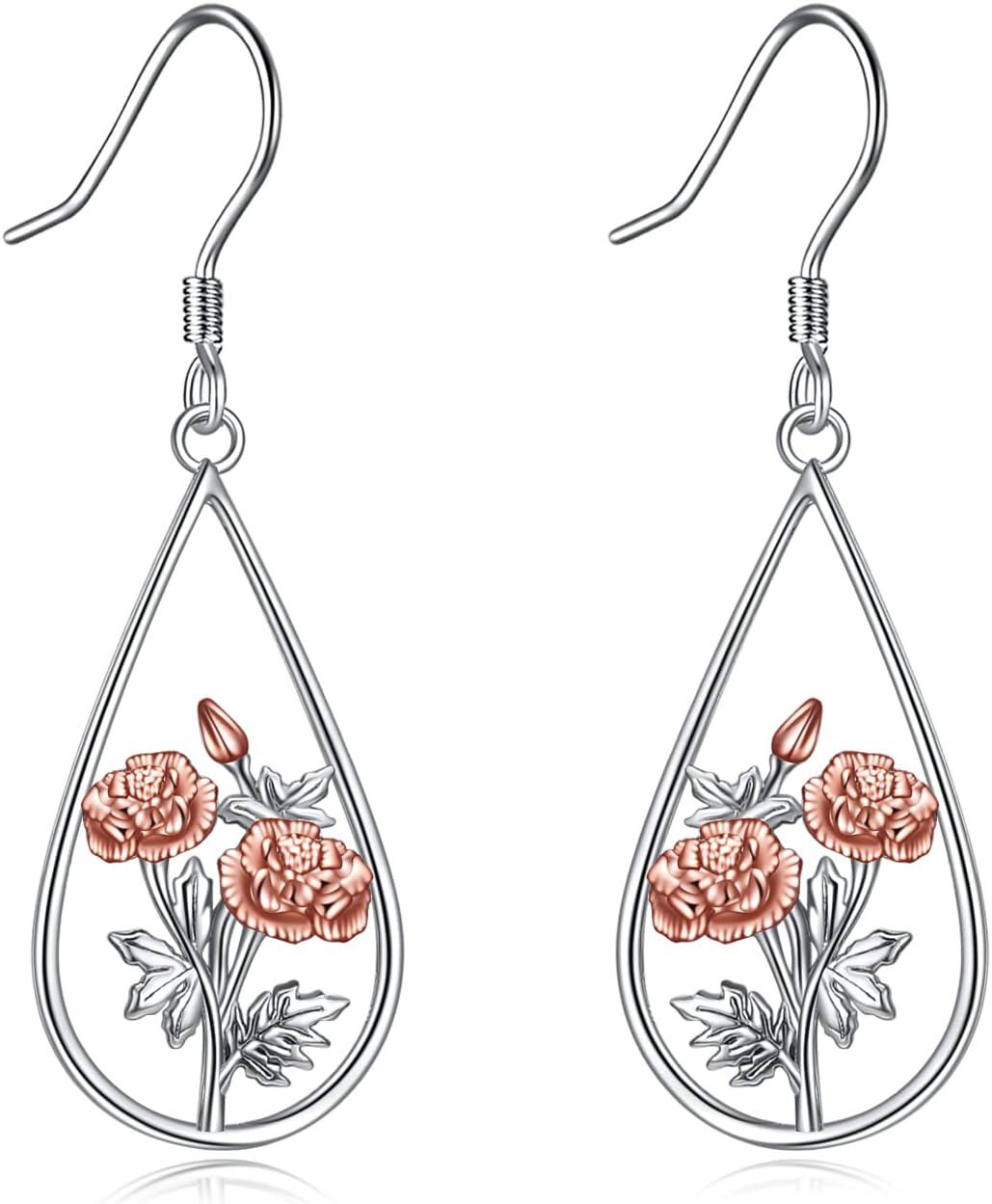wholesale 925 Sterling Silver Pink Flower Teardrop Dangle Earrings-0-0