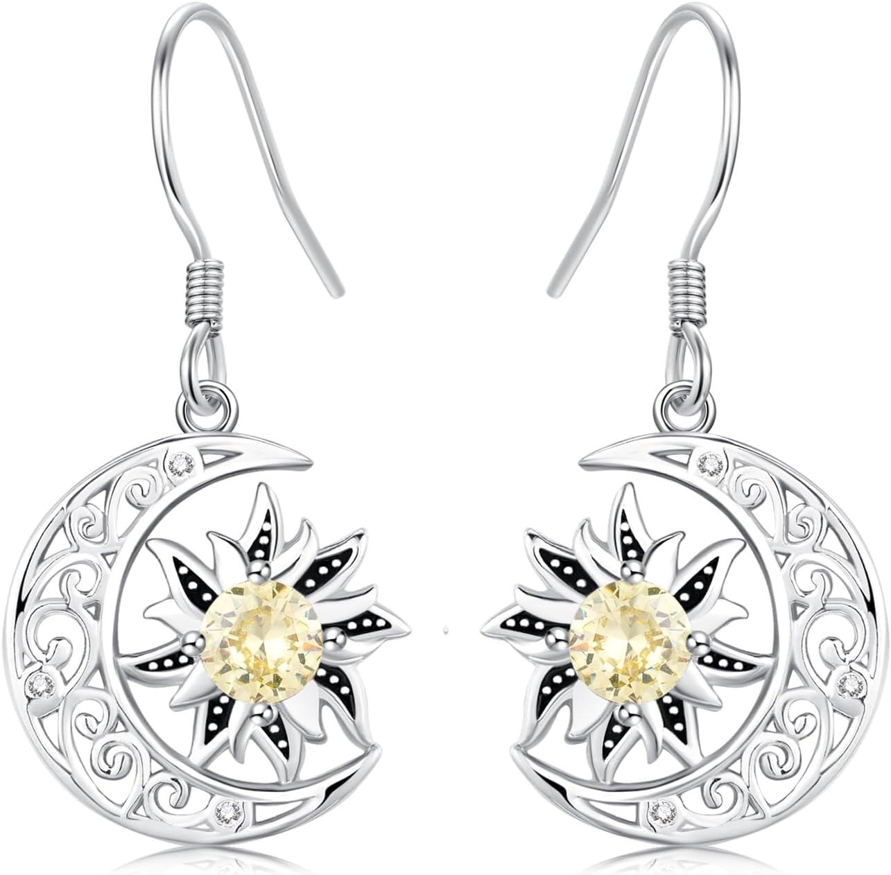 wholesale 925 Sterling Silver Sun and Moon Dangle Earrings with Citrine Gemstone for Women-0-0