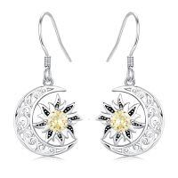 wholesale 925 Sterling Silver Sun and Moon Dangle Earrings with Citrine Gemstone for Women-Silver