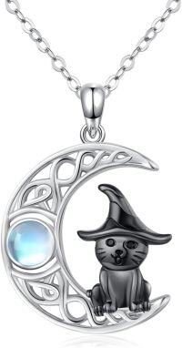 wholesale 925 Sterling Silver Witch Hat Cat Moon Pendant Necklaces with Blue Stone Gothic Punk s for Women-Black Cat
