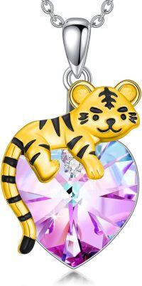 wholesale Sterling Silver Crystal Cute Tiger Heart Pendant Necklace for Women-Purple