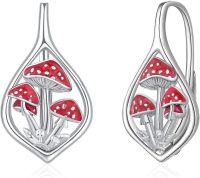 wholesale 925 Sterling Silver Mushroom Leverback Hoop Earrings with Red Enamel Accents-Red Mushroom
