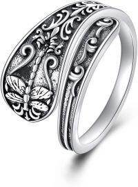 wholesale Sterling Silver Moss Agate Turquoise Vintage Celtic Gothic Skull Butterfly Dragonfly Spoon Open Ring-Dragonfly Ring