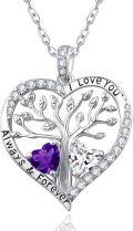 wholesale S925 Sterling Silver & White Gold Plated Heart Pendant Necklace with 1CT Amethyst & Simulated Diamond, Tree of Life Love Gift for Women-0-0