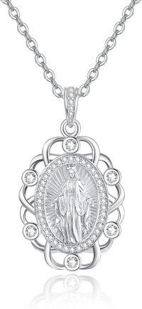 wholesale 925 Sterling Silver Virgin Mary Pendant Necklace with Cubic Zirconia and Chain - Religious Jewelry for Women (Miraculous Medal)-mother mary