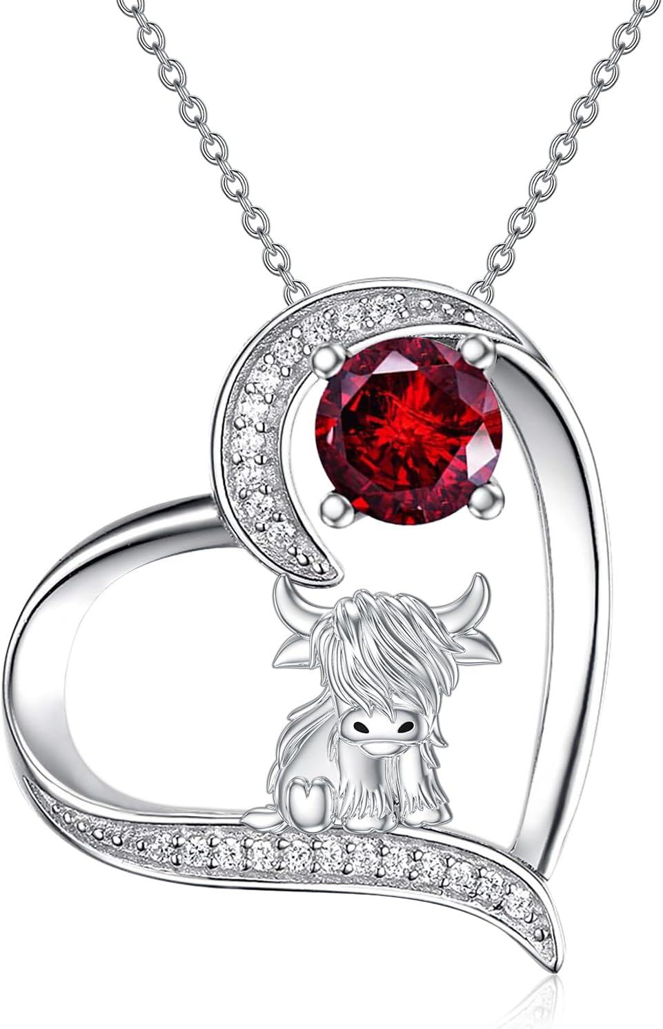 Sterling Silver Highland Cow Birthstone Necklace Jewelry Gifts for Women Girls-1-01-January-1-01-January