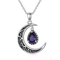 wholesale 925 Sterling Silver Crescent Moon with Amethyst Pendant Necklaces for Women s 45cm Chain Length-Purple